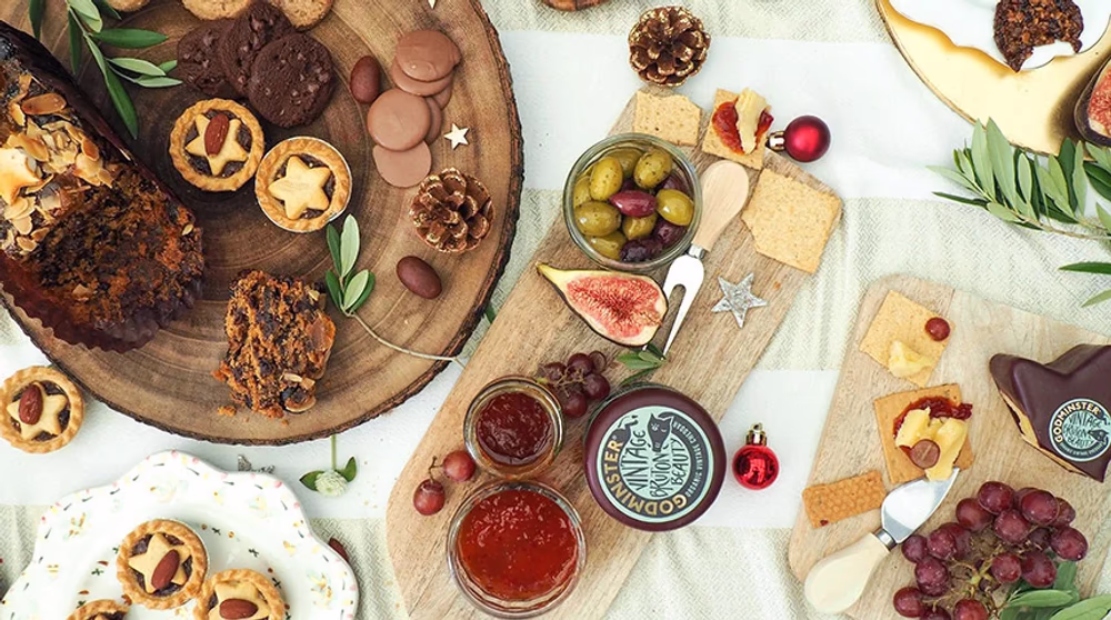 A Christmas food spread displayed on boards